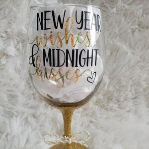 New Year's Wishes Midnight Kisses Gold Glittered Stemmed Wine Glass